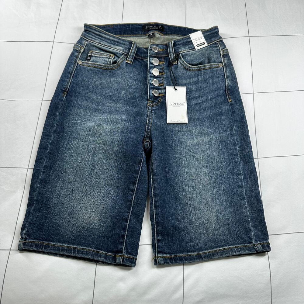 Judy Blue Shorts Womens Small Blue Denim Button Fly Bermuda Medium Wash Fade New